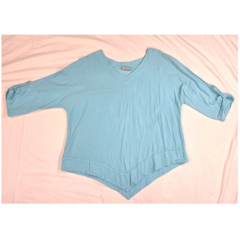 CottonWays Aqua Blue Sz 2 L XL 3/4 Rolled Sleeve V-neck Pointed V-hem Blouse